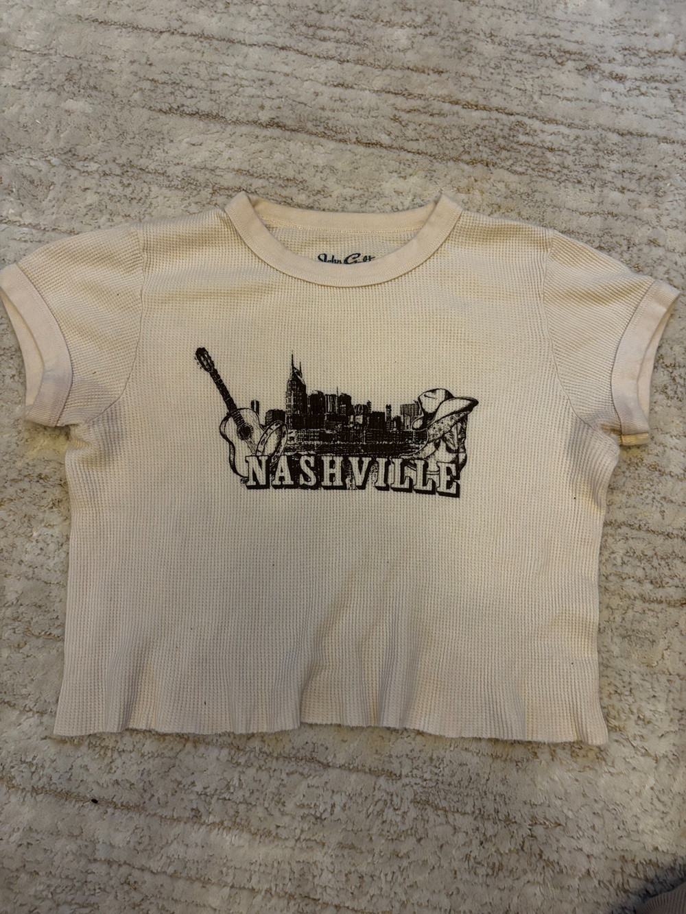Brandy Melville John Galt Nashville Graphic Waffle Knit Crop Top Cream One Size